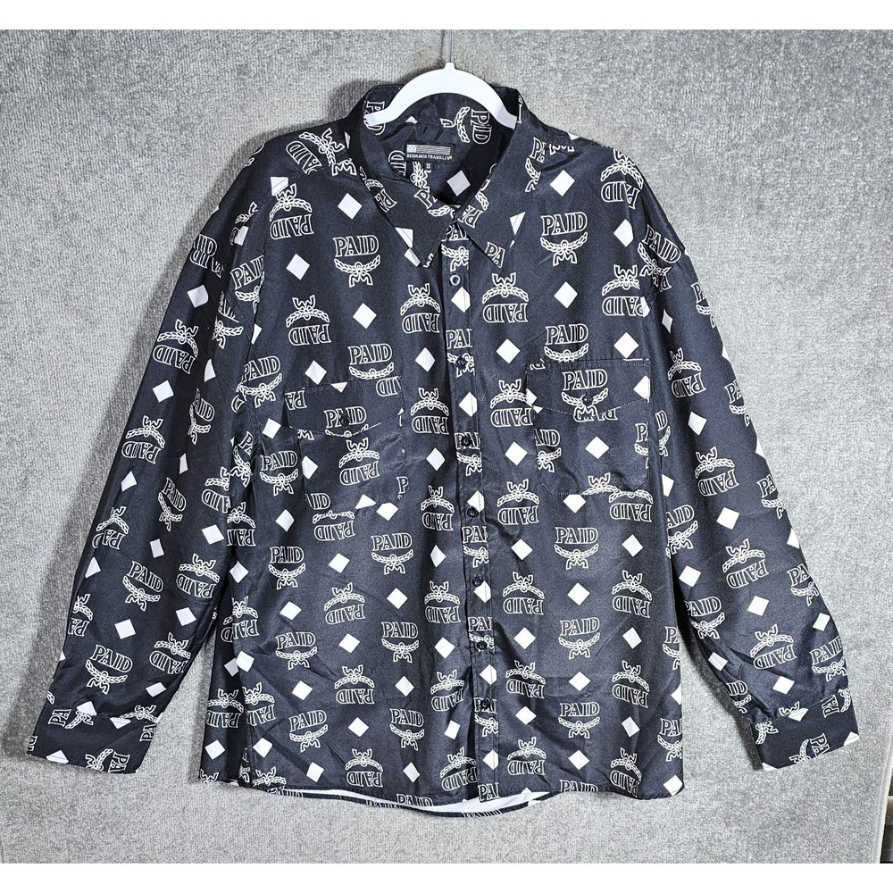Benjamin Franklin All Over Print PAID Button Up Shirt Mens Size 3X Black Pockets